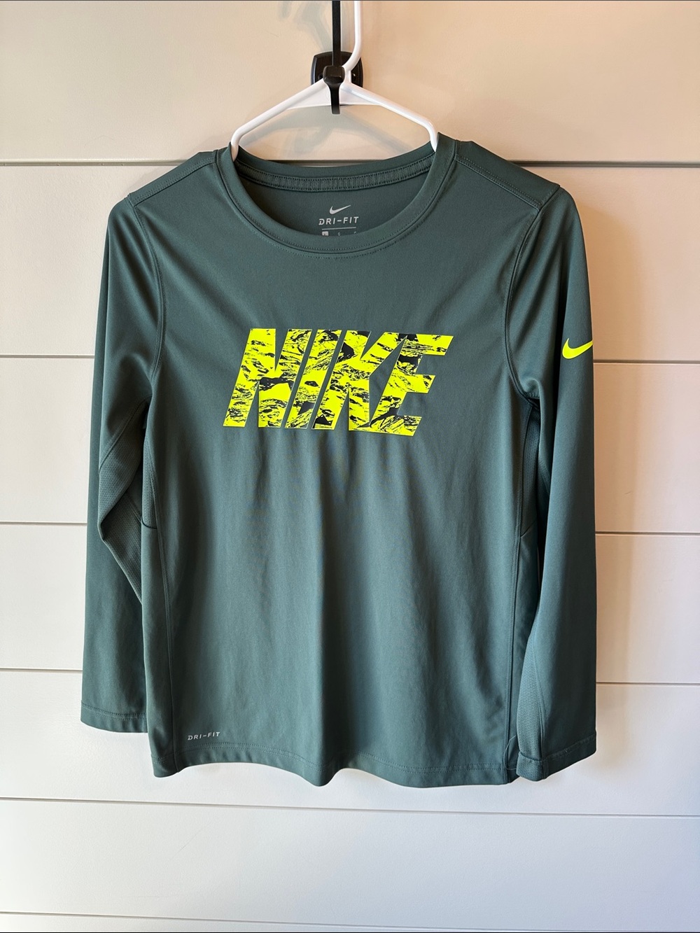 Nike Kids' Dri-FIT Long-Sleeve Tee - Green with Neon Yellow Logo